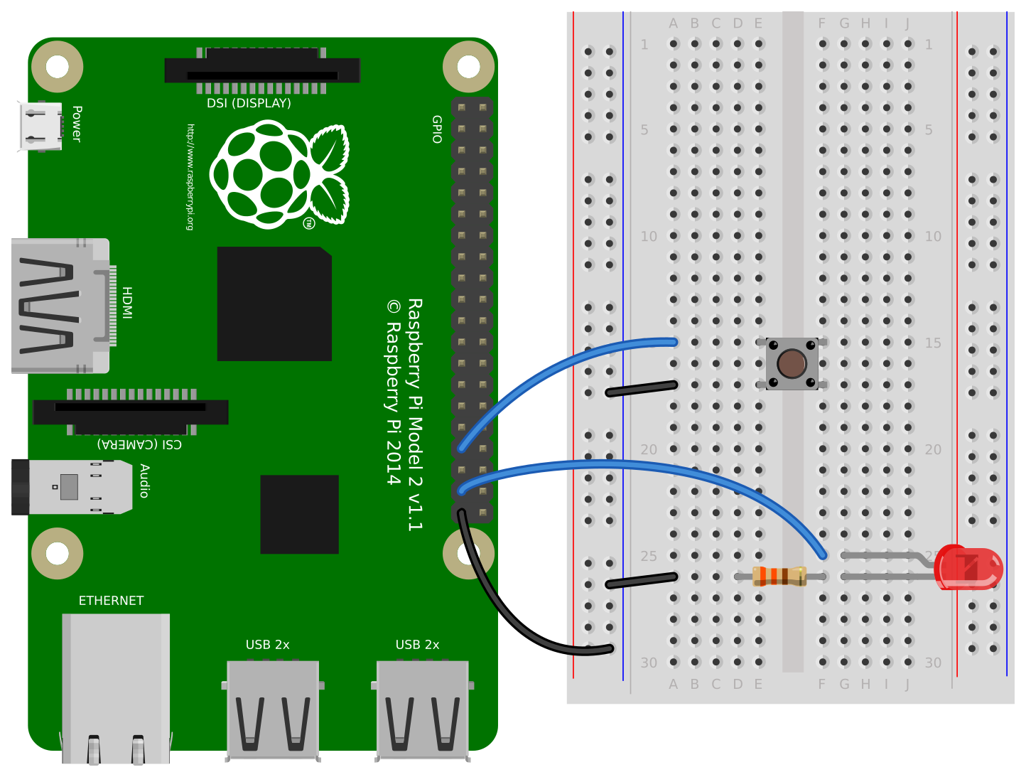 Breadboard diagram adding a momentary push-button connected between GPIO 13 (on pin 33) and ground (on pin 39) to the earlier circuit