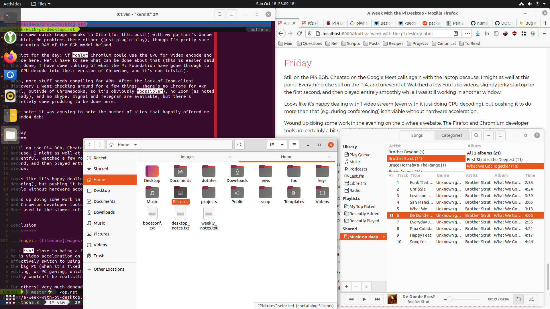 A collection of windows on the Ubuntu 20.10 Desktop running on the pi