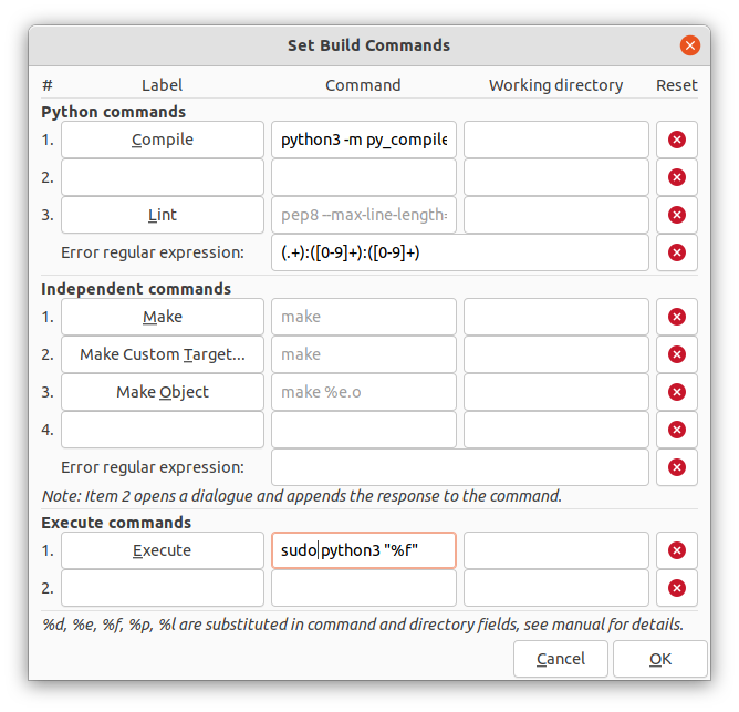 The Geany Set Build Commands dialog showing a "sudo" prefix on the Execute Command.