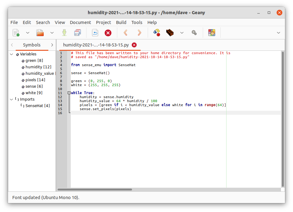 The humidity.py example script open in the Geany programmers editor.