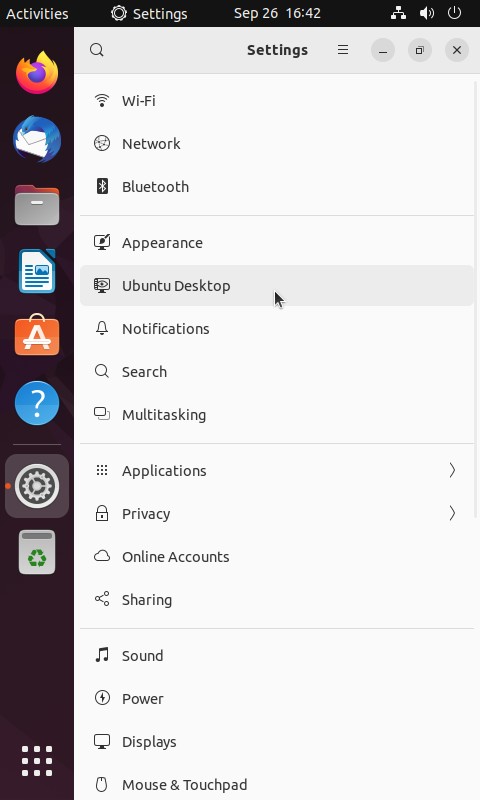 Opening the Ubuntu Desktop page of the settings application