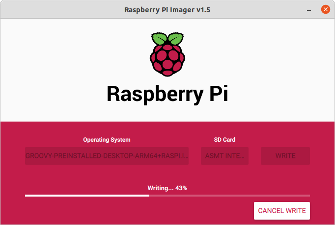 A preview of the Raspberry Pi Imager utility flashing a card