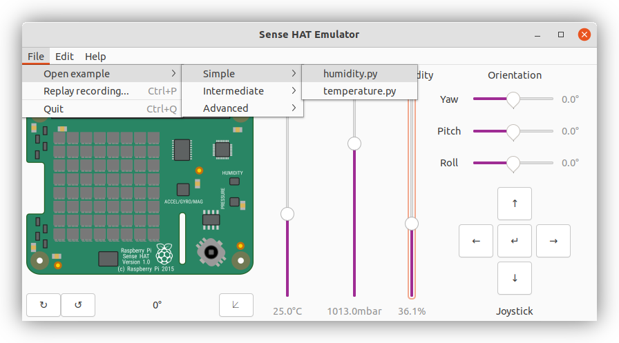 Selecting the humidity.py example script from the Sense HAT "File, Open example" menu.