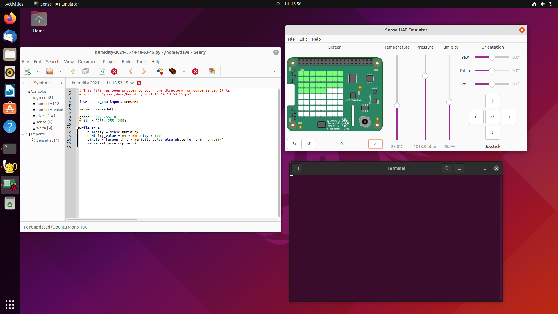 A full desktop screenshot showing the Geany editor with the script, the Sense HAT emulator window, and a blank terminal window (which contains the Python 3 interpreter running the script).