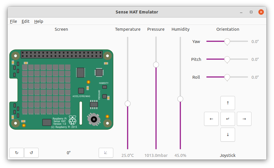 A screenshot of the Sense HAT Emulator's main window just after opening it.