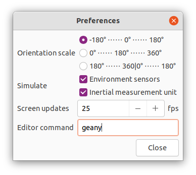 The Sense HAT Emulator preferences window, displaying the editor set to "geany", and with both "Simulate" options ticked for full sensor emulation