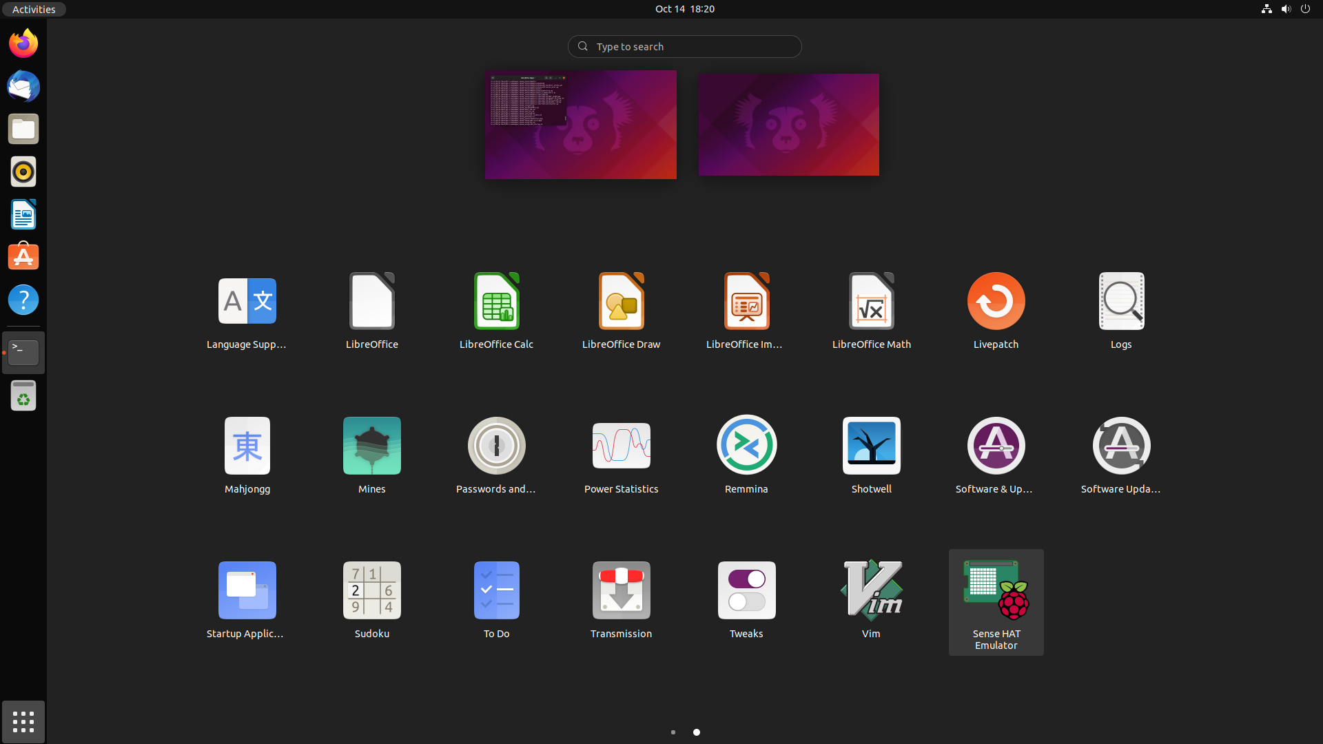 Selecting the Sense HAT Emulator icon from the Gnome applications menu