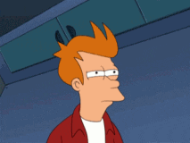 A frame from Futurama's "The Lesser of Two Evils" depicting Fry's eyes narrowing, frequently (possibly overly) used as a meme denoting suspicion.