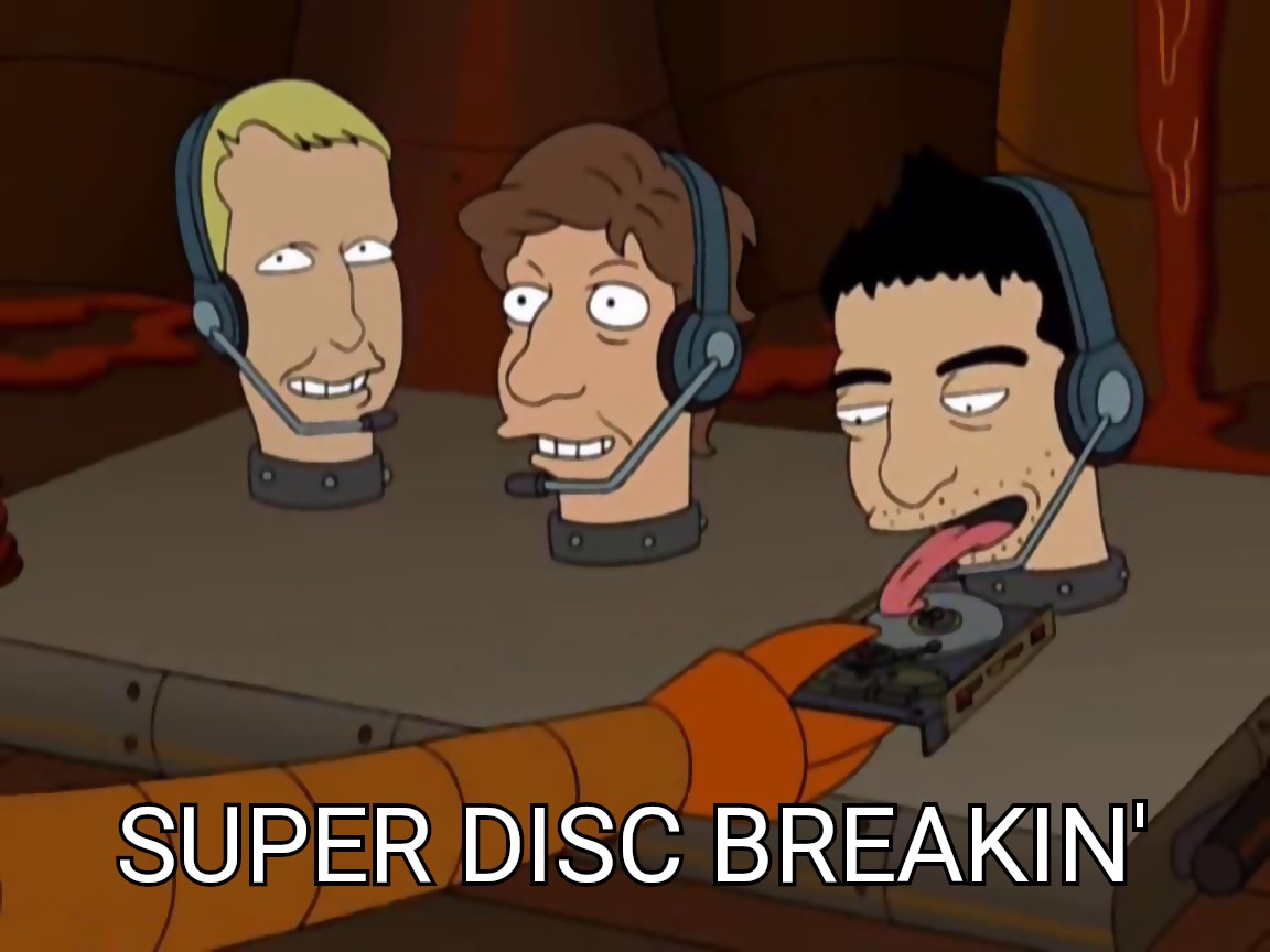 A frame from Futurama's "Hell is Other Robots" depicting the Beastie Boys scratching a hard drive. A not so subtle allusion to "swap hell".